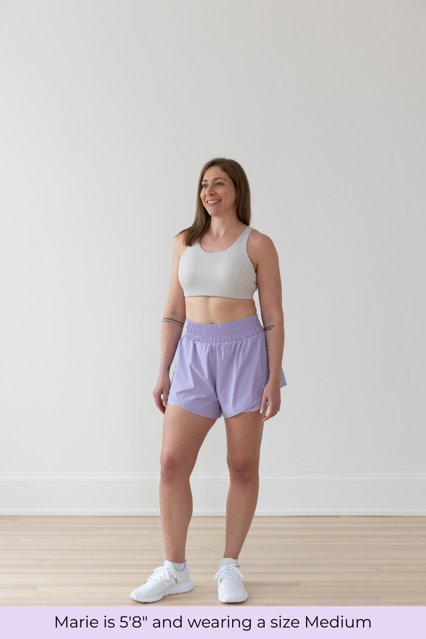Size comparison for EMIÉ oat milk forget about it bra - women's running shorts available XS to XXL