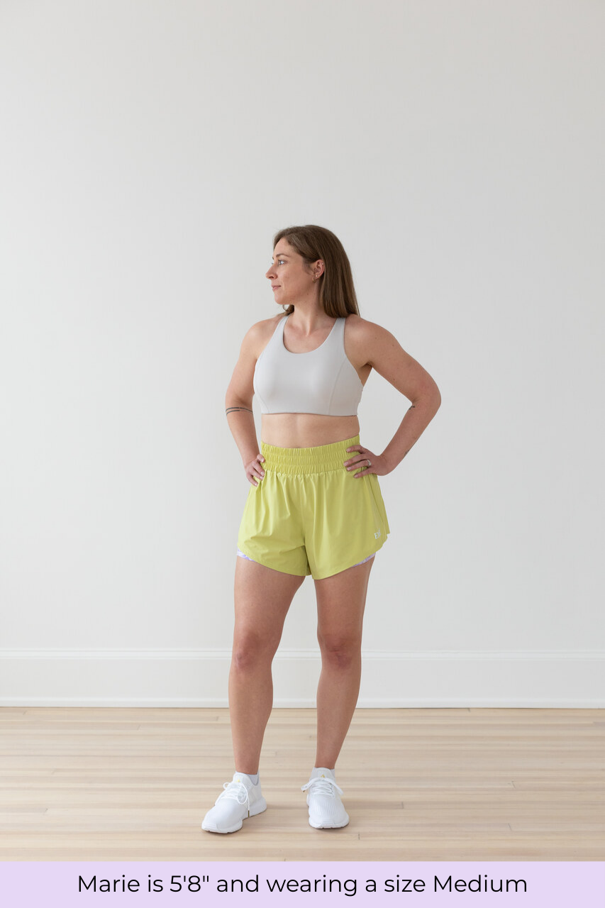 Size comparison for EMIÉ key lime athletic shorts - women's running shorts available XS to XXL
