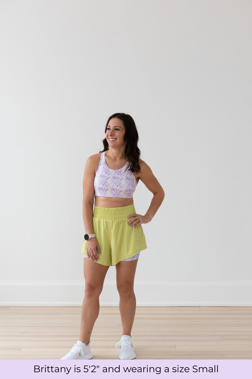 Size comparison for EMIÉ lilac geo forget about it bra - women's running shorts available XS to XXL