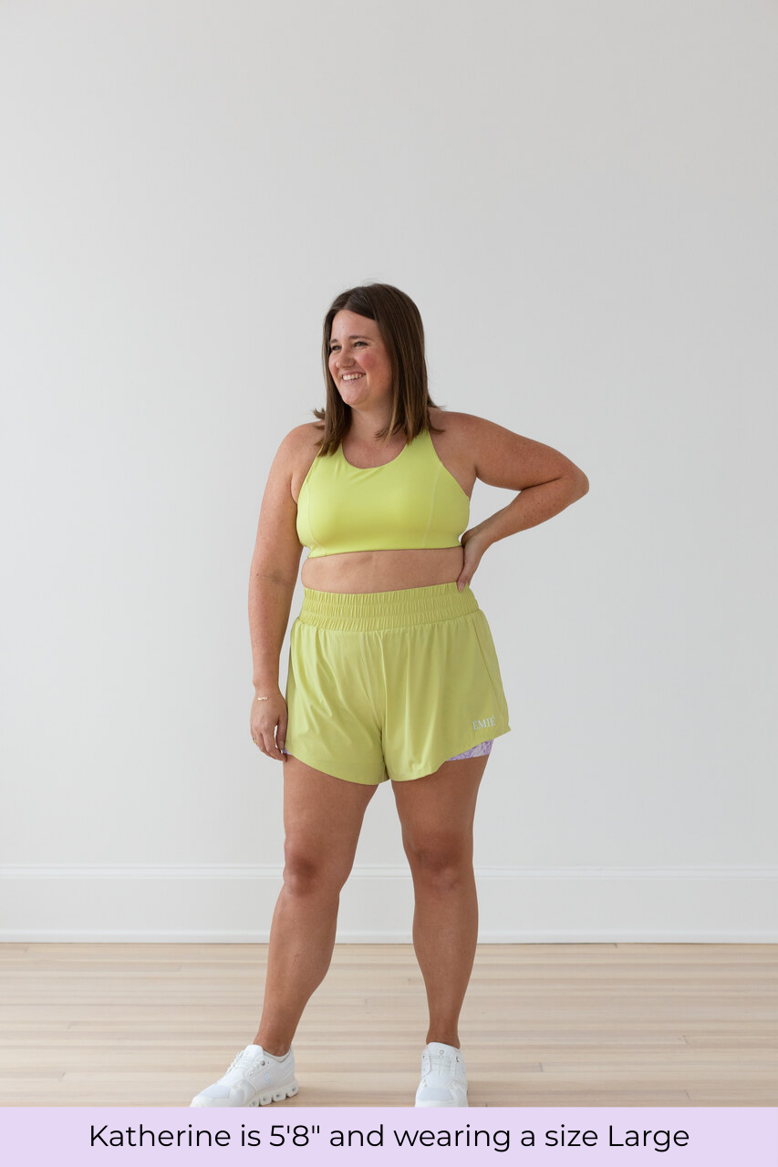 Size comparison for EMIÉ key lime athletic shorts - women's running shorts available XS to XXL