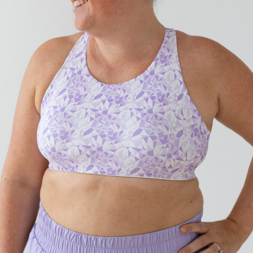 EMIÉ Forget About It Bra in lilac geo print -- women's high support running sports bra