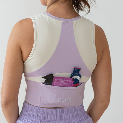 EMIÉ Just Run Crop Tank in lilac - women's running crop top with built-in shelf bra and support - three pockets