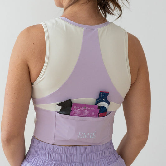 EMIÉ Just Run Crop Tank in lilac - women's running crop top with built-in shelf bra and support - three pockets