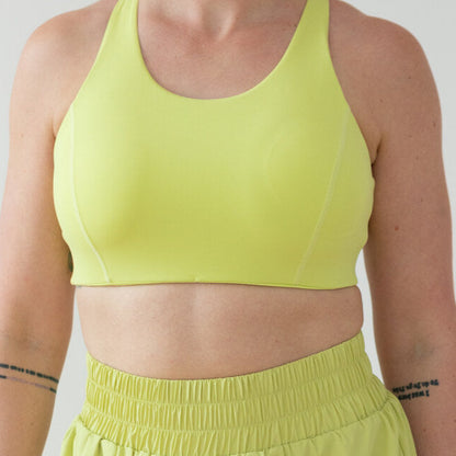 close up Forget About it Sports Bra -  Key Lime - EMIÉ Forget About It Bra in oat milk -  women's sports bra for running, high support