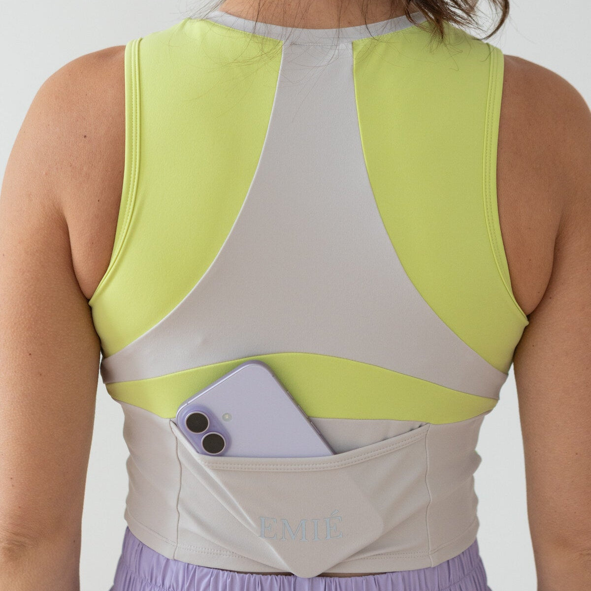 EMIÉ Just Run Crop Tank in key lime -women's supportive running crop top with built-in bra