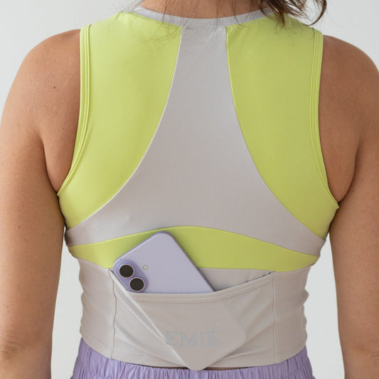 EMIÉ Just Run Crop Tank in key lime -women's supportive running crop top with built-in bra
